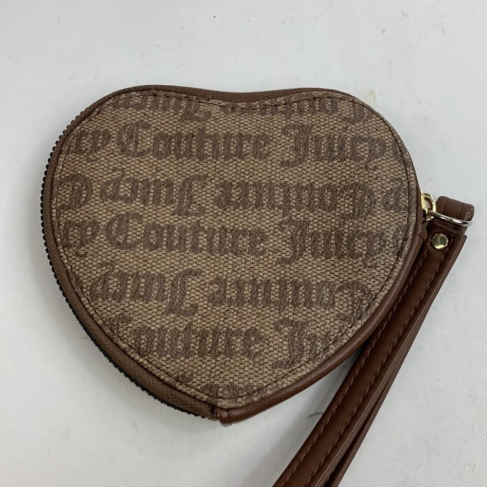 Juicy Couture Brown Gold Heart Wristlet bag pouch clutch Zip closure Strap